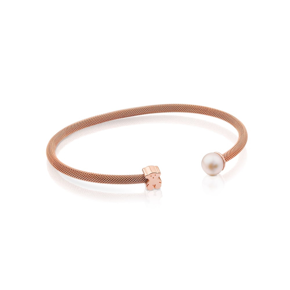 Steel and Rose Vermeil Silver TOUS Icon Mesh Bracelet with 6,5mm Pearl