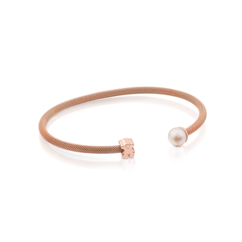 Steel and Rose Vermeil Silver TOUS Icon Mesh Bracelet with 6,5mm Pearl