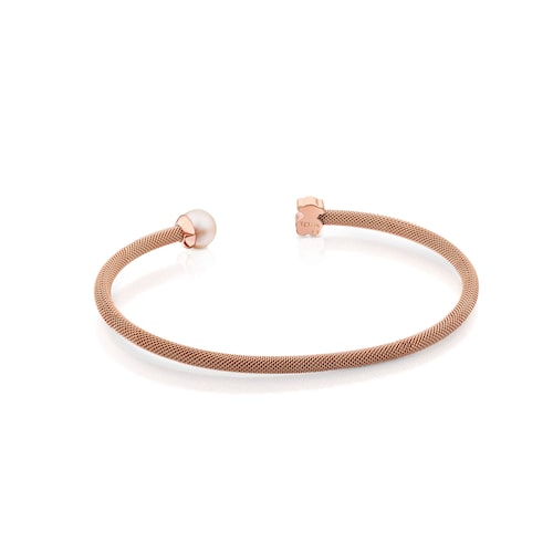 Steel and Rose Vermeil Silver TOUS Icon Mesh Bracelet with 6,5mm Pearl
