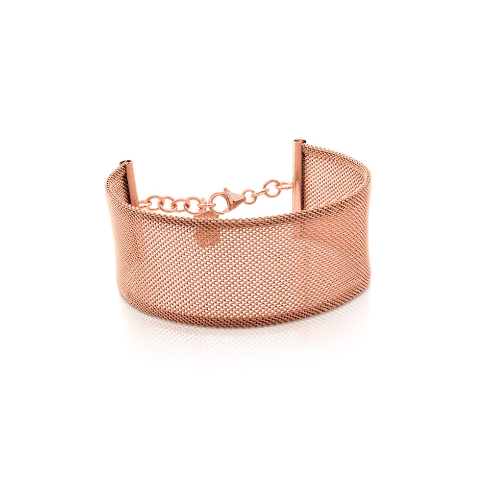 Pulsera ancha de acero con ba&ntilde;o de oro rosa 18 kt sobre plata Icon Mesh