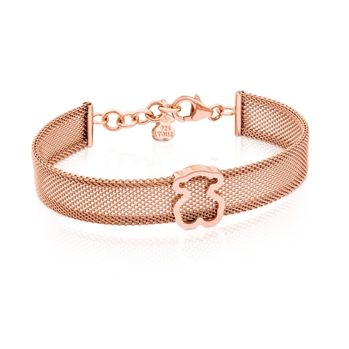 Steel and Rose Vermeil Silver TOUS Icon Mesh Bracelet Bear motif