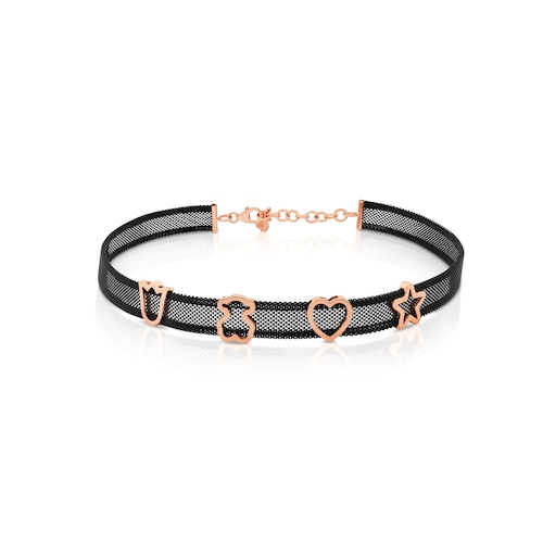 Collar de acero con ba&ntilde;o de oro rosa 18 kt sobre plata y motivos Icon Mesh