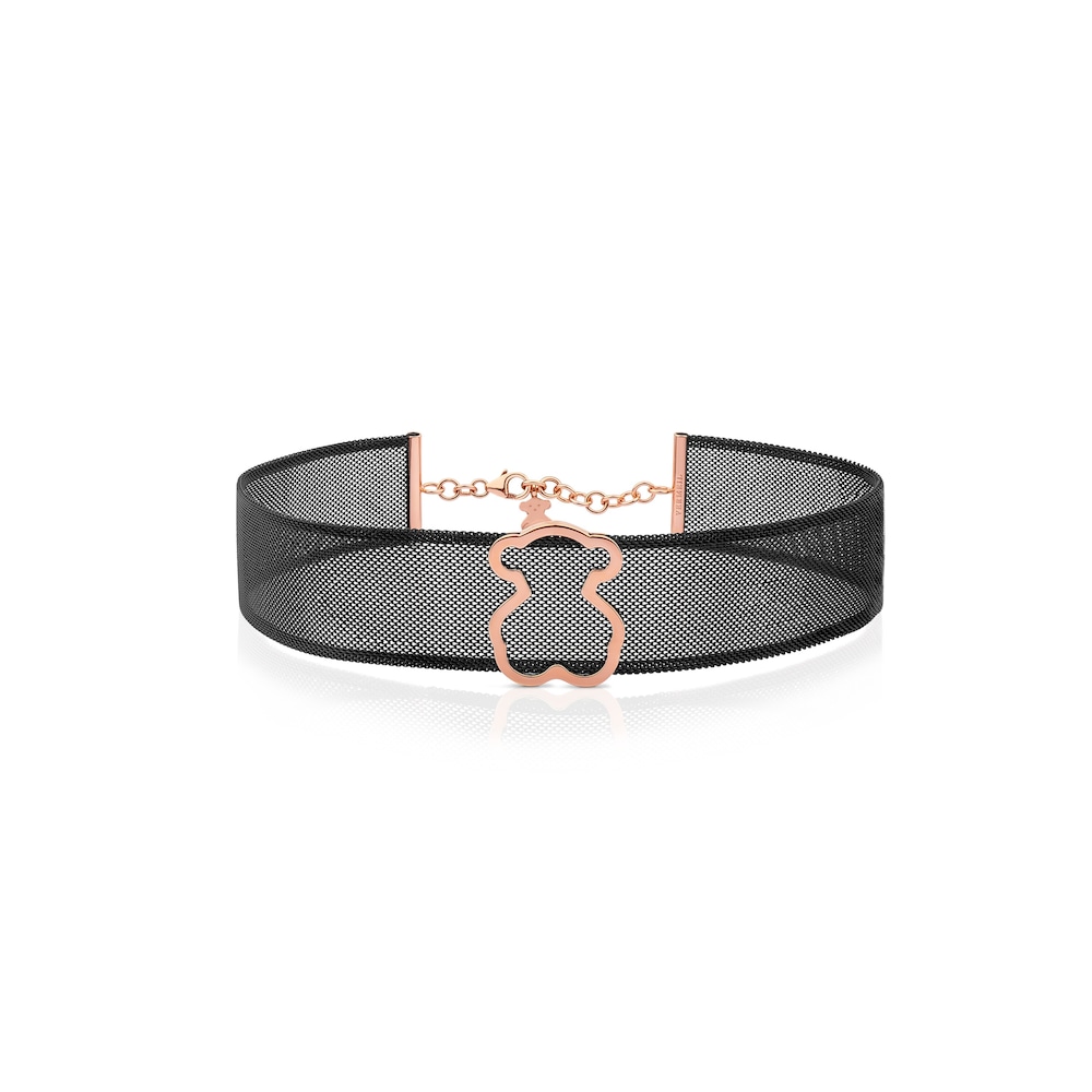 Collar de acero con ba&ntilde;o de oro rosa 18 kt sobre plata y oso Icon Mesh