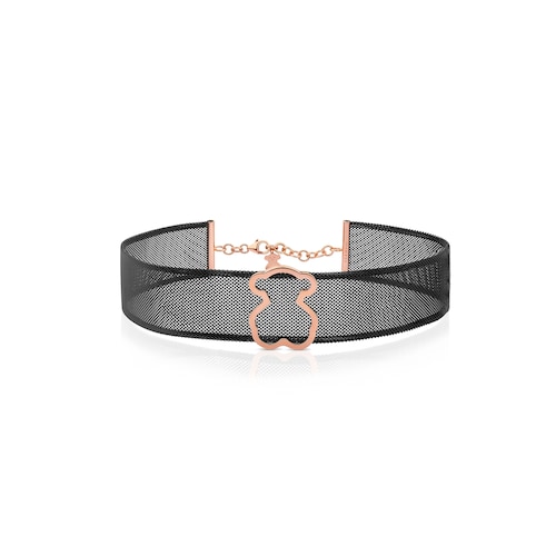 Collar de acero con baño de oro rosa 18 kt sobre plata y oso Icon Mesh