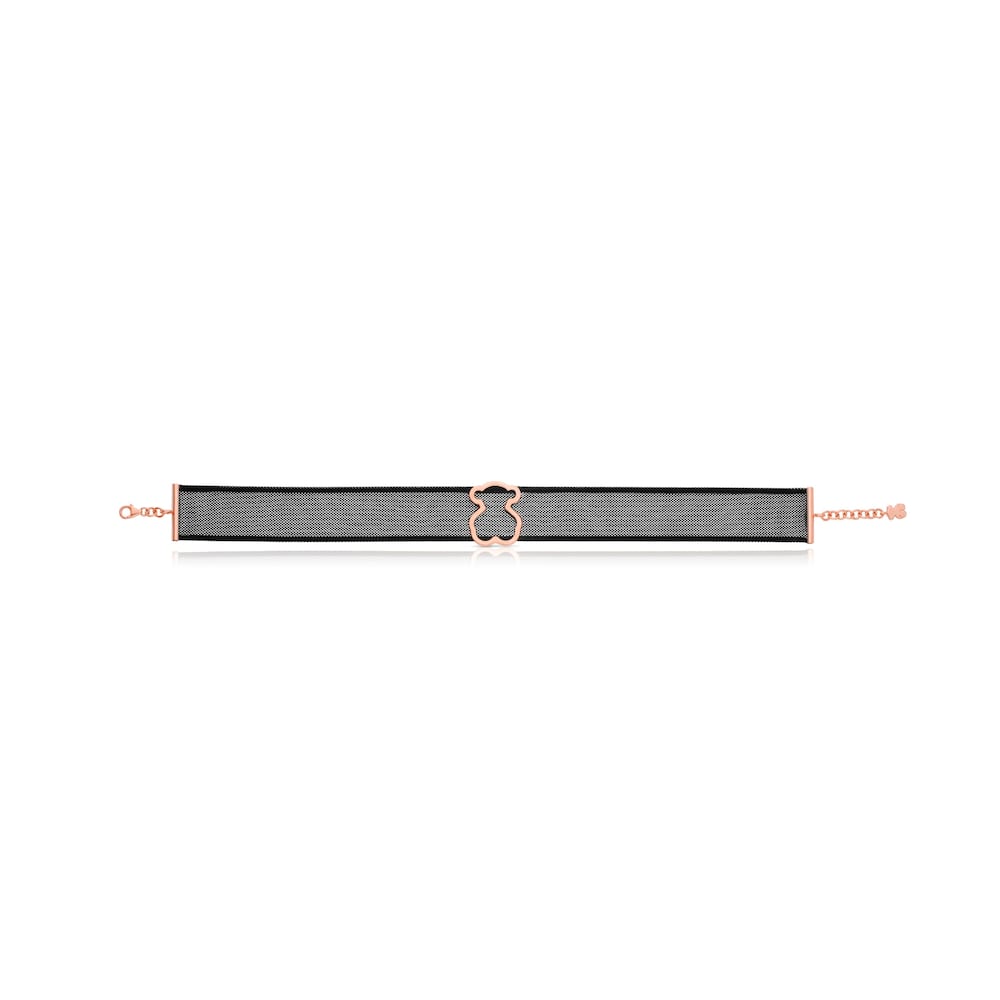 Collar de acero con ba&ntilde;o de oro rosa 18 kt sobre plata y oso Icon Mesh