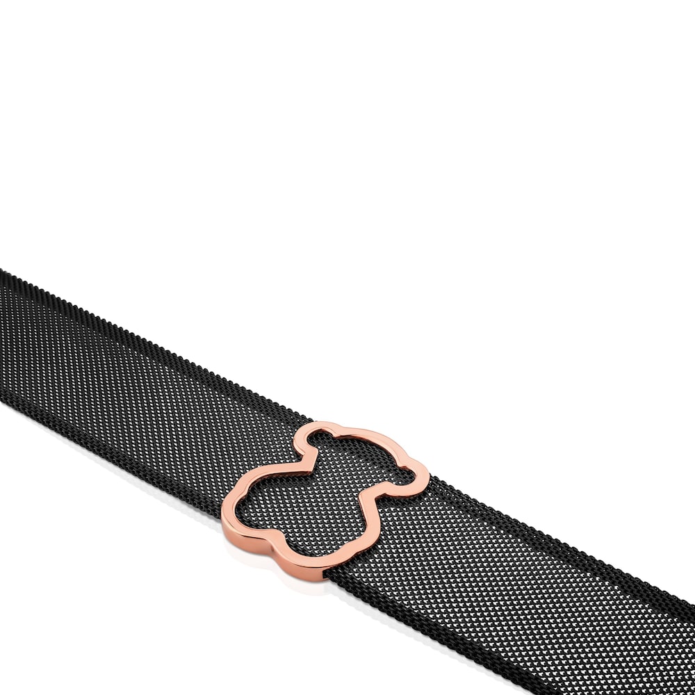 Collar de acero con ba&ntilde;o de oro rosa 18 kt sobre plata y oso Icon Mesh