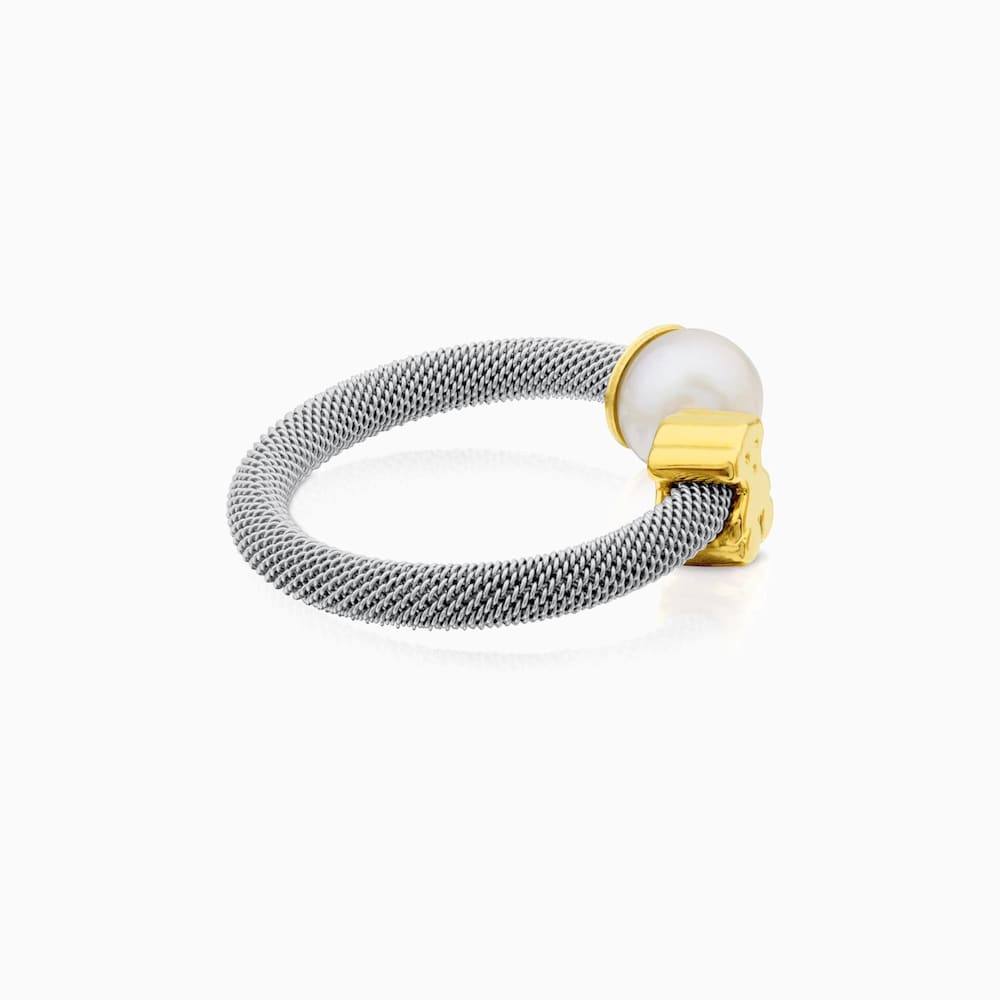 Anillo Icon Mesh de Acero y Oro con Perla