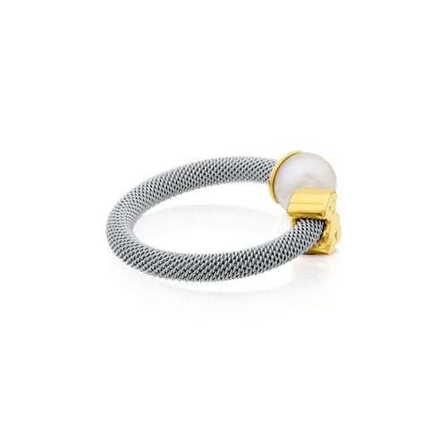 Steel and Gold TOUS Icon Mesh Ring with Pearl Bear motif