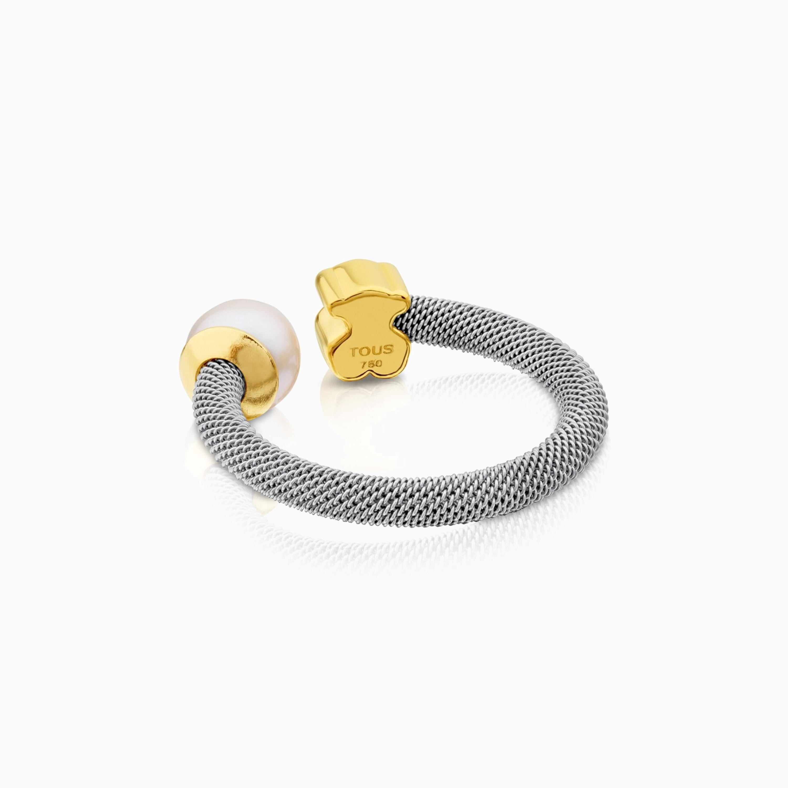 Steel and 18K solid gold Icon Mesh Ring with Pearl