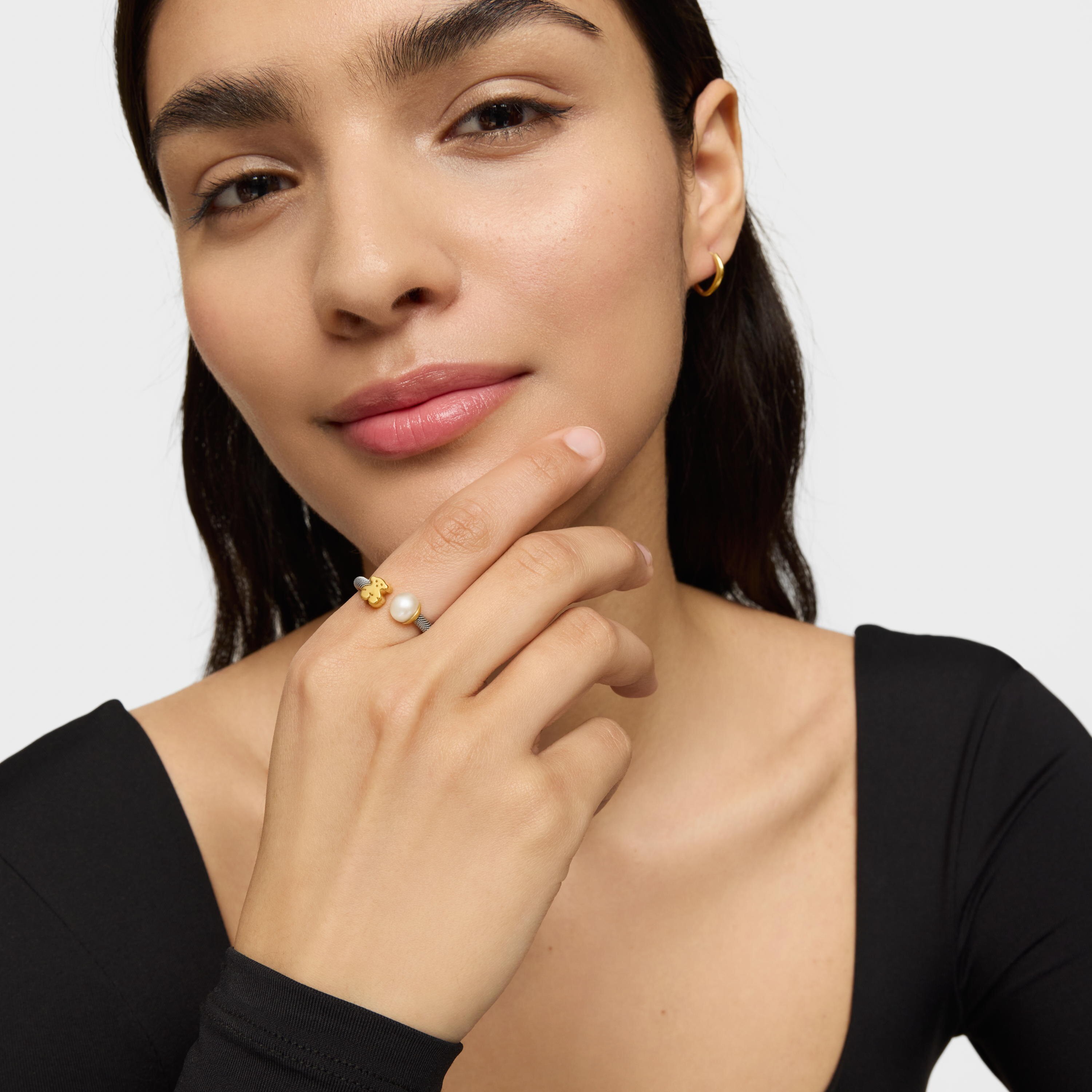 Steel and 18K solid gold Icon Mesh Ring with Pearl
