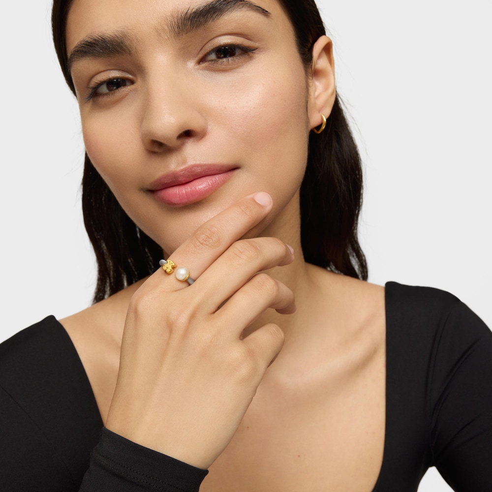 Anillo Icon Mesh de Acero y Oro con Perla