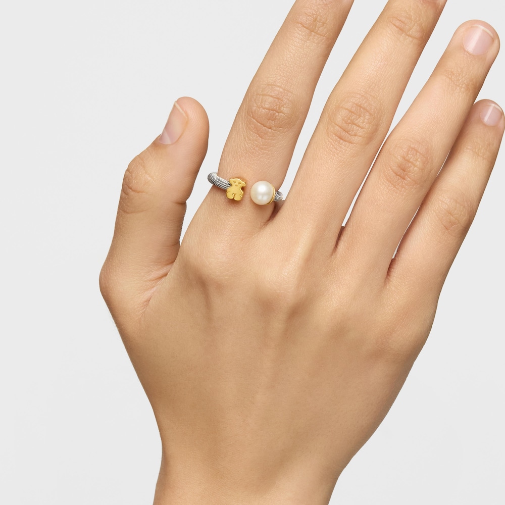 Anillo Icon Mesh de Acero y Oro con Perla