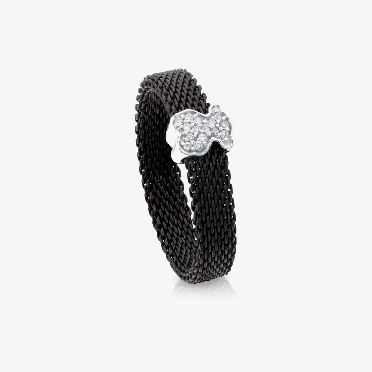 Tous - Anillo De Acero Ip Negro Y Oro Blanco Con Diamantes Motivo Oso Estrecho Icon Mesh Talla 12