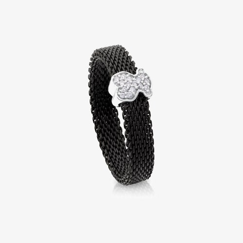 Anillo de acero IP negro y oro blanco 18K con diamantes motivo oso estrecho Icon Mesh