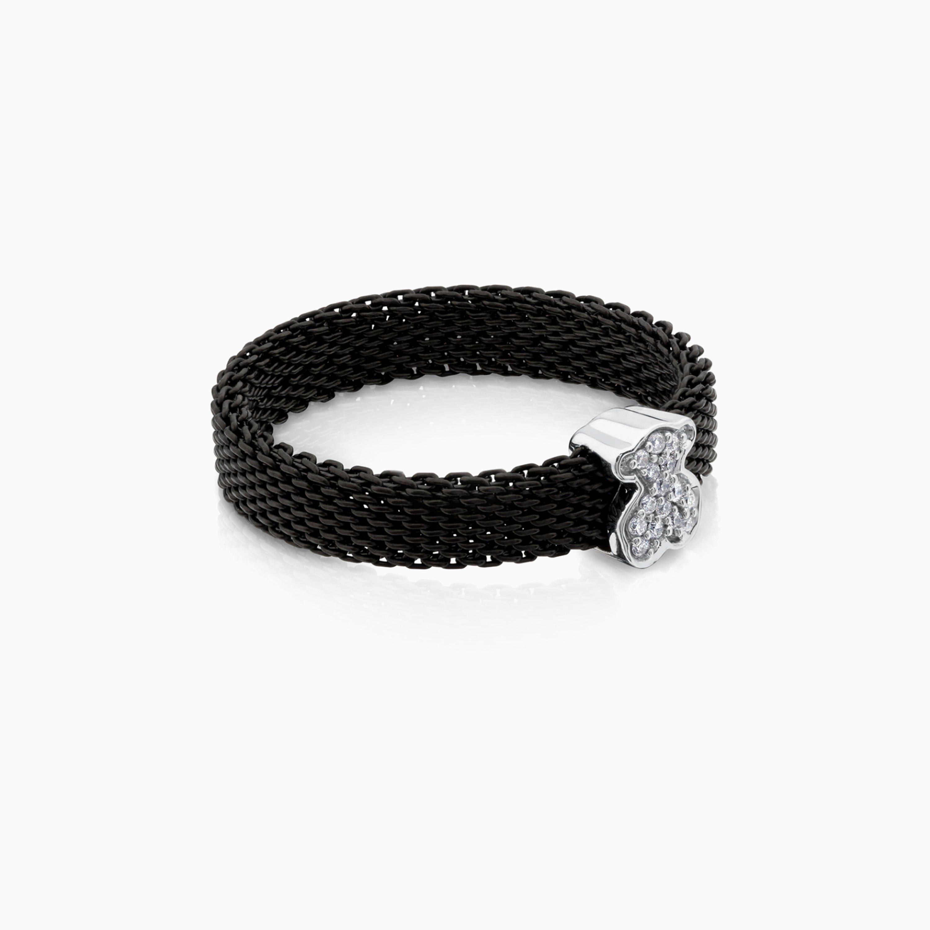 Black IP Steel and 18K white gold TOUS Icon Mesh Ring with Diamonds 0,04ct