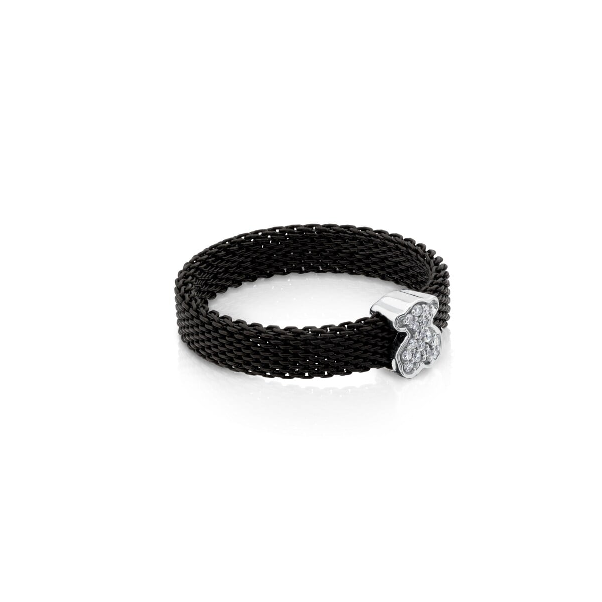 Anillo de acero IP negro y oro blanco con diamantes motivo oso estrecho Icon Mesh