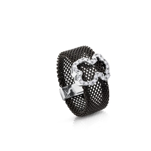Steel and White Gold Mesh Ring with Diamonds