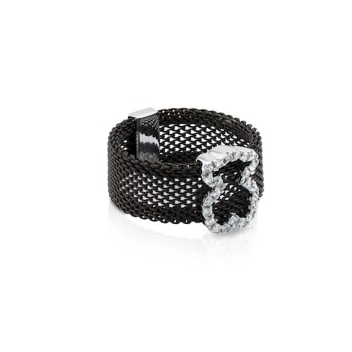 Steel and White Gold Mesh Ring with Diamonds