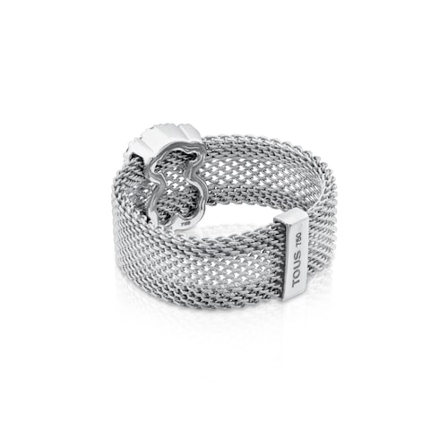 Steel and White Gold Mesh Ring with Diamonds