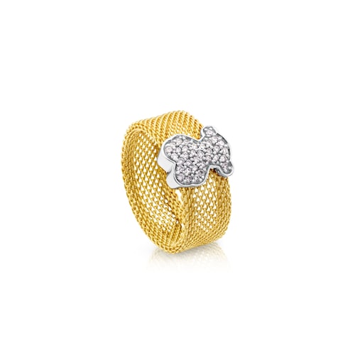 Gold Icon Mesh Ring with Diamonds medium Bear motif