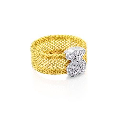 Gold Icon Mesh Ring with Diamonds medium Bear motif
