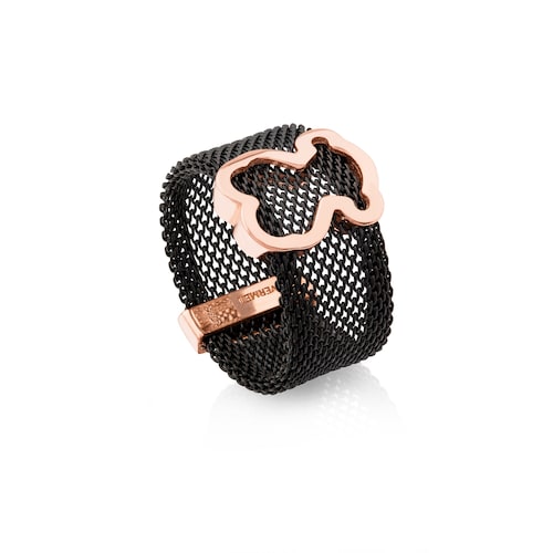 Anillo de acero IP negro con baño de oro rosa 18 kt sobre plata motivo silueta oso Icon Mesh
