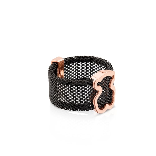 Anillo de acero IP negro con baño de oro rosa 18 kt sobre plata motivo silueta oso Icon Mesh