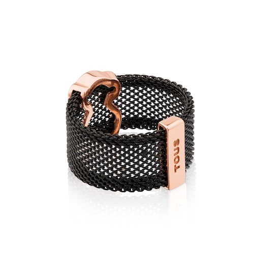 Anillo de acero IP negro con baño de oro rosa 18 kt sobre plata motivo silueta oso Icon Mesh