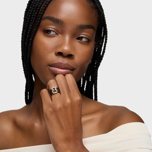 Anillo de acero IP negro con baño de oro rosa 18 kt sobre plata motivo silueta oso Icon Mesh