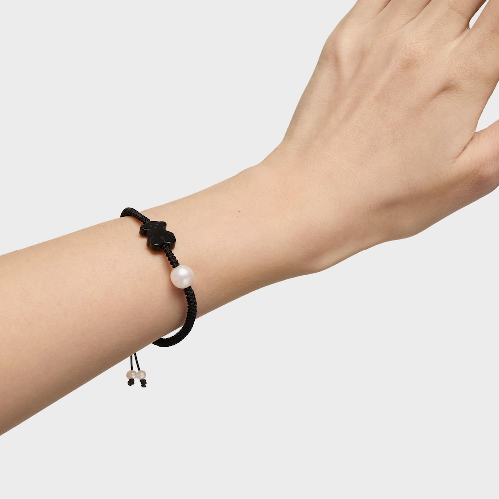 Pulsera de cord&oacute;n en color negro con &oacute;nix y perla cultivada Tibet