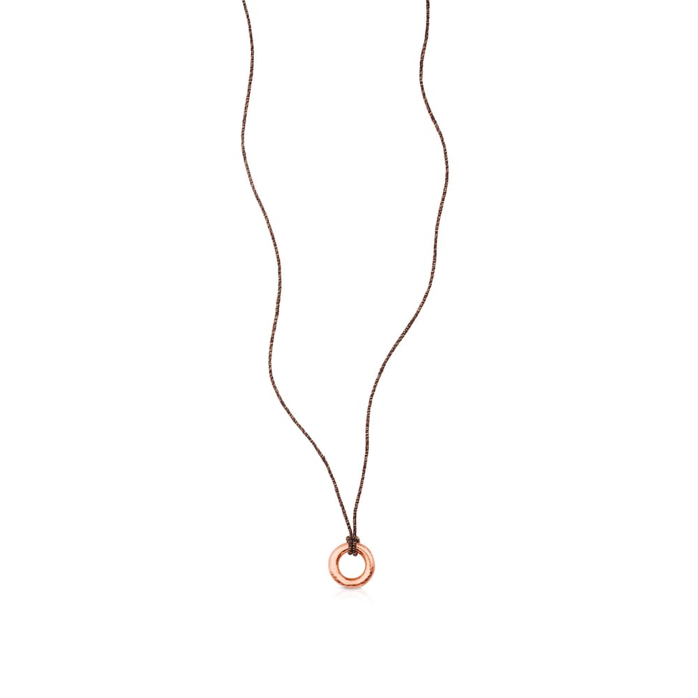 Collar Duna Tube con ba&ntilde;o de oro rosa 18 kt sobre plata y cord&oacute;n marr&oacute;n