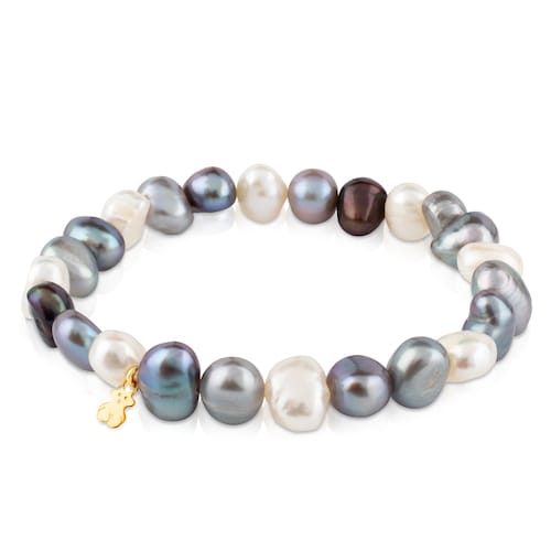 Gold Sweet Dolls Bracelet with white, grey and blue baroque pearls and Bear motif image number 0