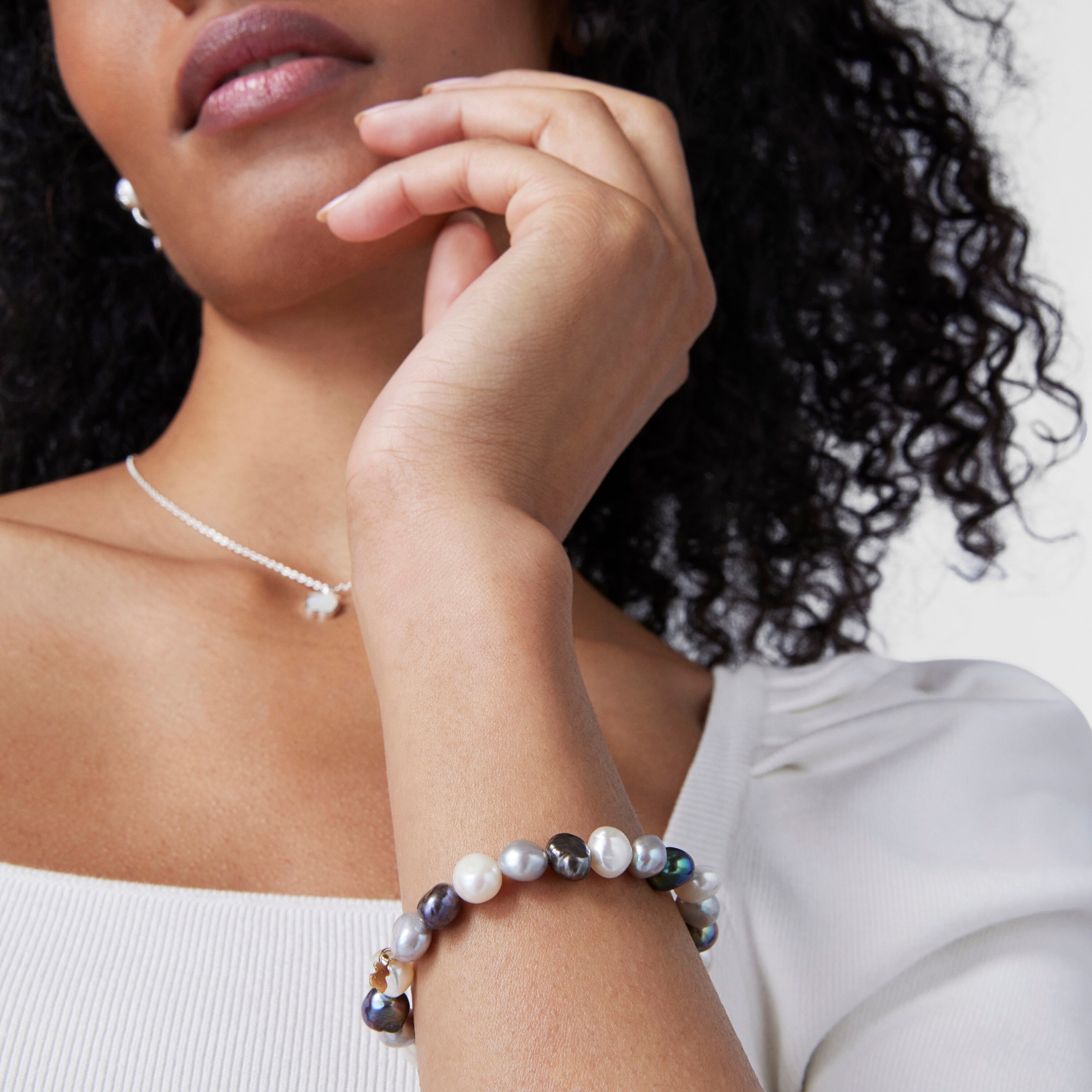 Gold Sweet Dolls Bracelet with white, grey and blue baroque pearls and Bear motif