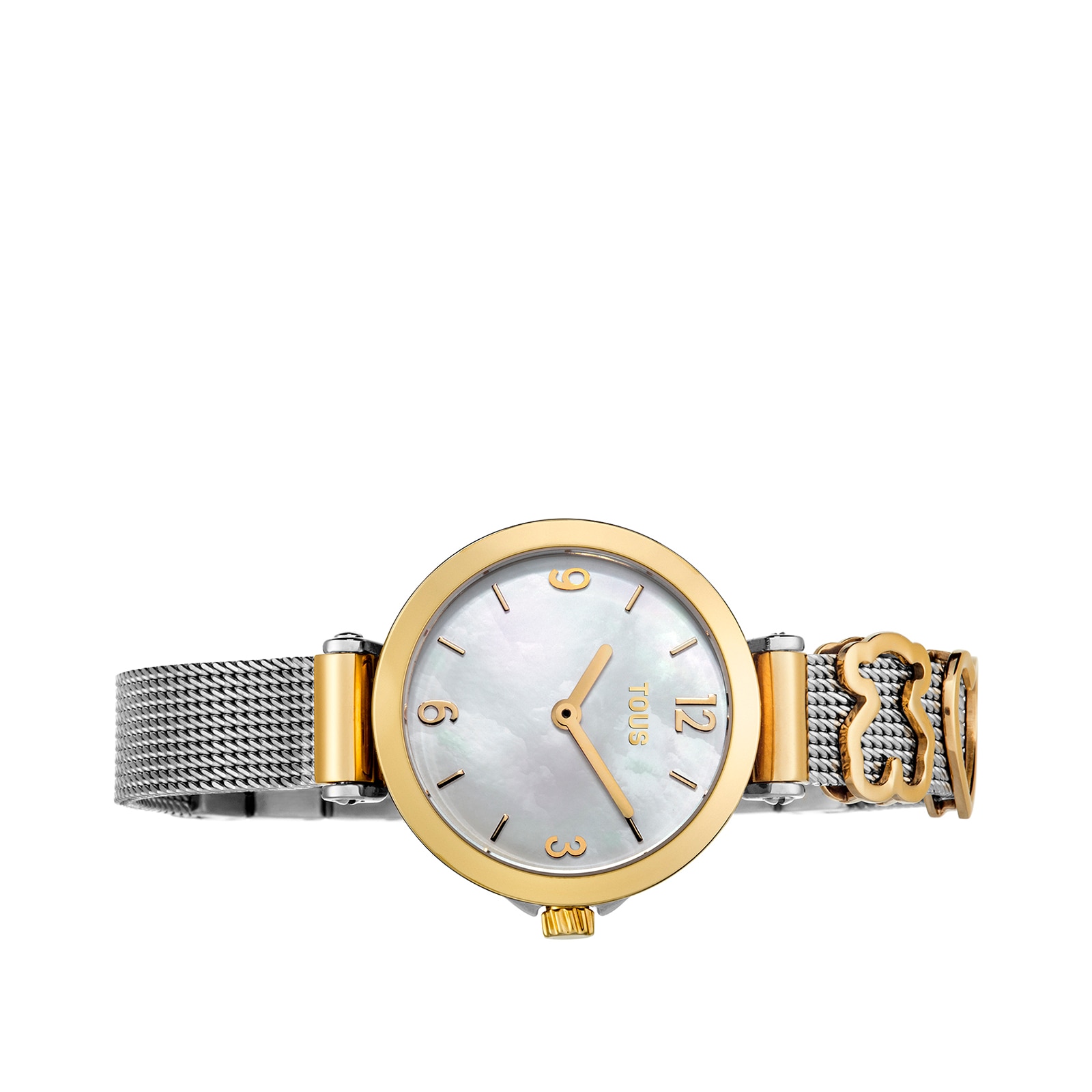 Reloj analógico Icon Charms de acero IP dorado con nácar