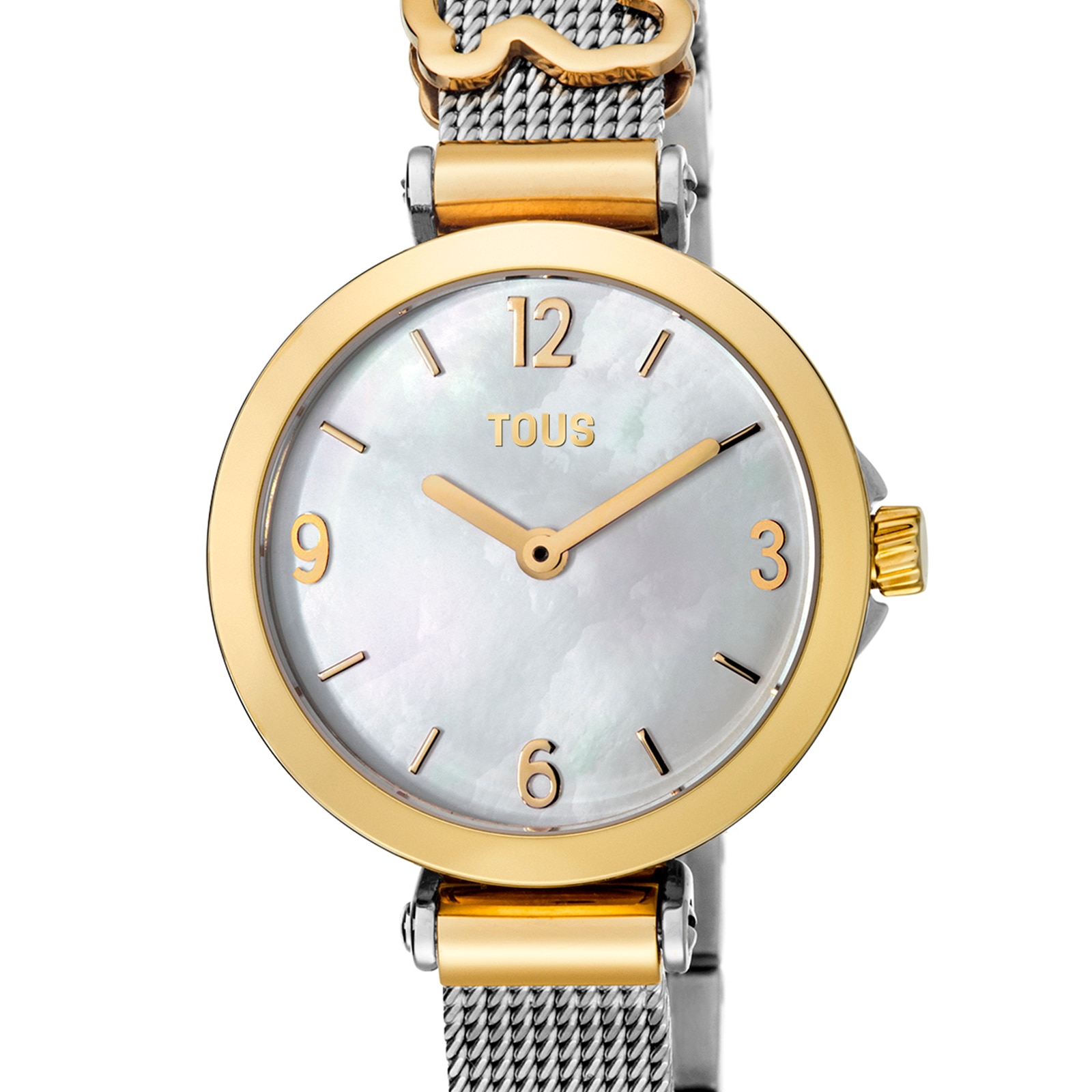 Reloj analógico Icon Charms de acero IP dorado con nácar