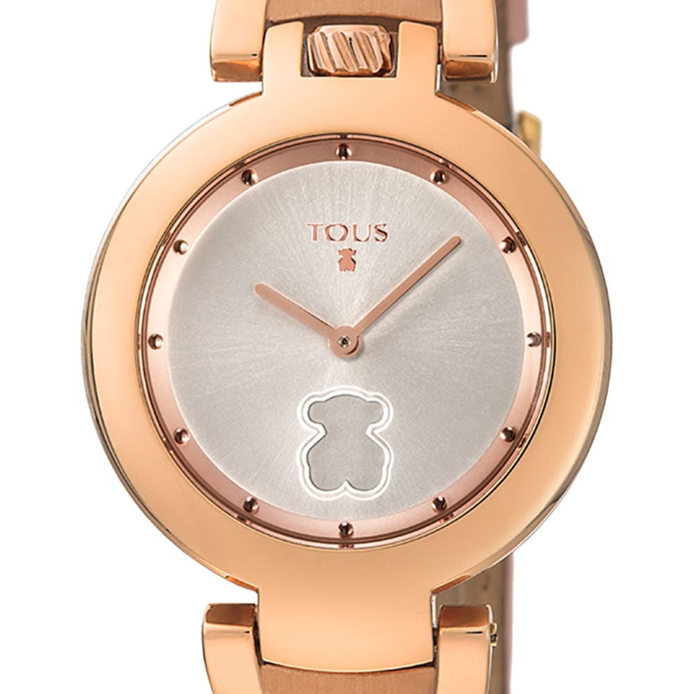 Rose IP Steel Crown Watch with nude Leather strap