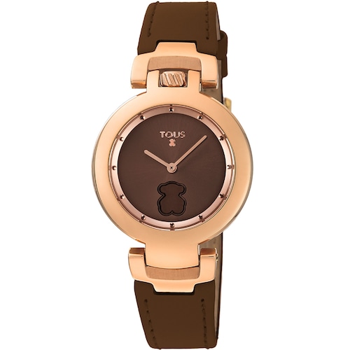 Reloj Crown de acero IP rosado con correa de piel marr&oacute;n