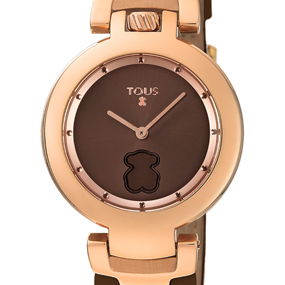 Reloj Crown de acero IP rosado con correa de piel marr&oacute;n