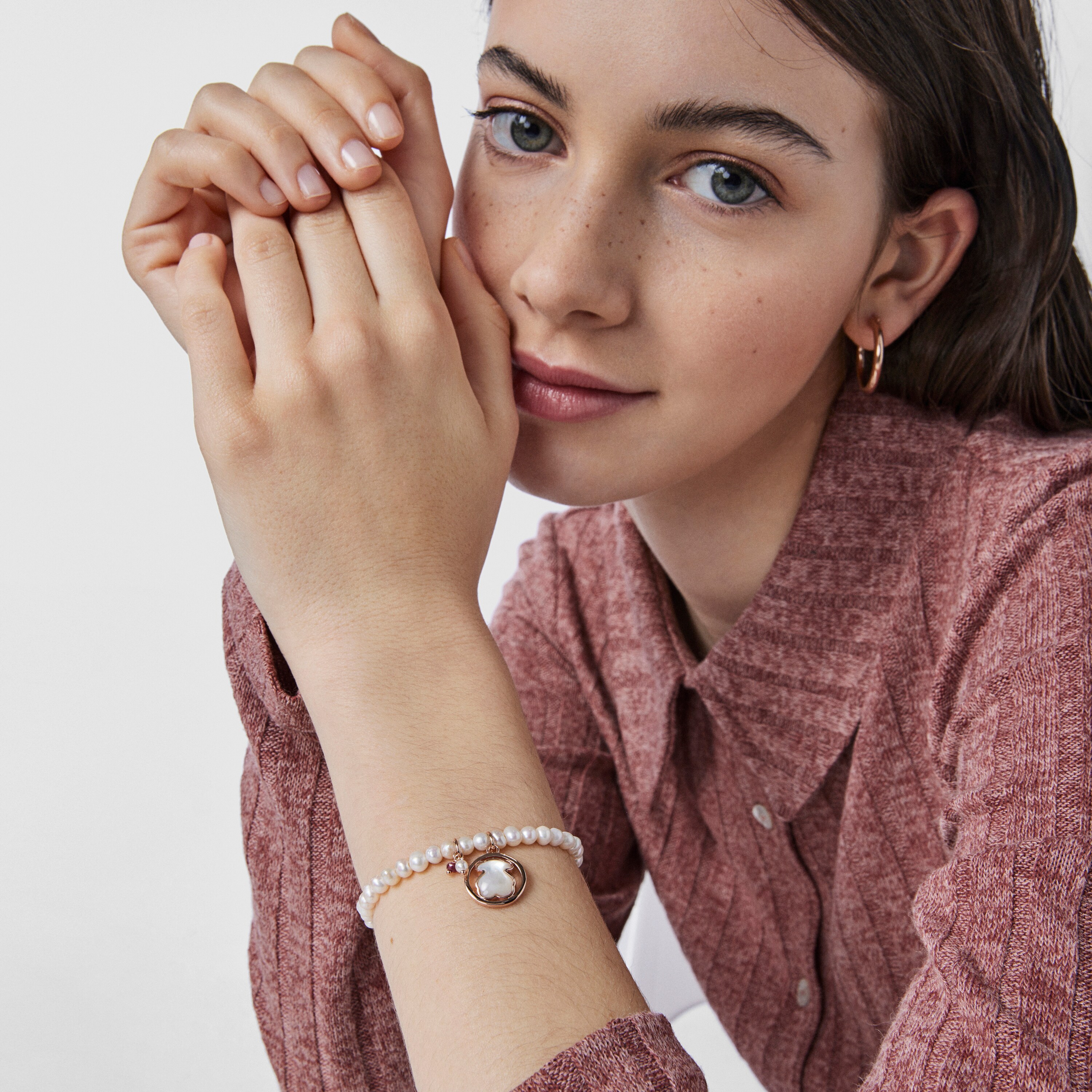 Rose 18K gold vermeil Camille Bracelet with Pearls, Mother-of-Pearl and Ruby