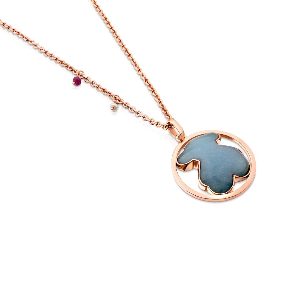 Collar con ba&ntilde;o de oro rosa 18 kt sobre plata con cuarzo con dumortierita, rub&iacute; tratado y perla cultivada Camille