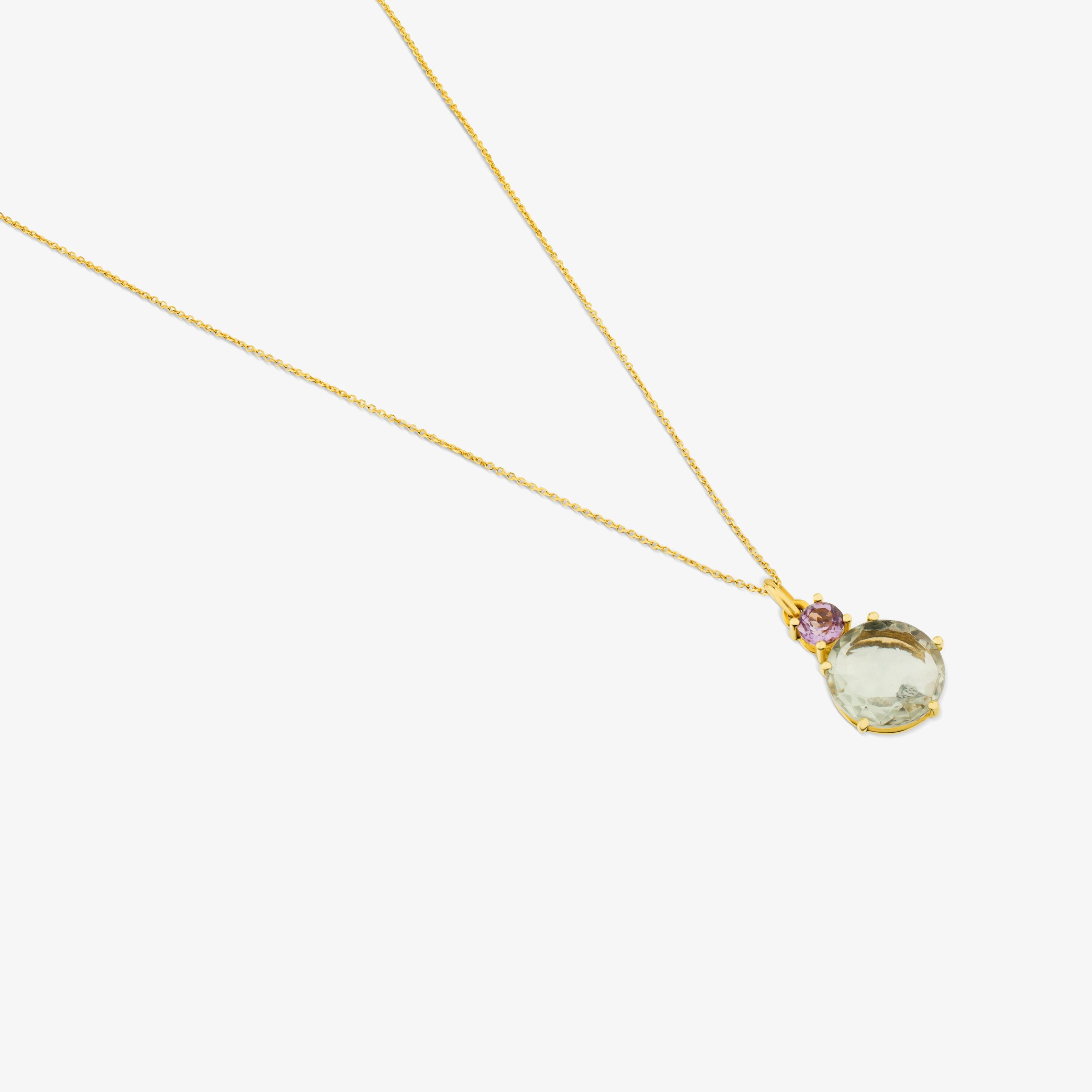 18K Solid Gold Ivette Necklace with Praseolite and Amethyst