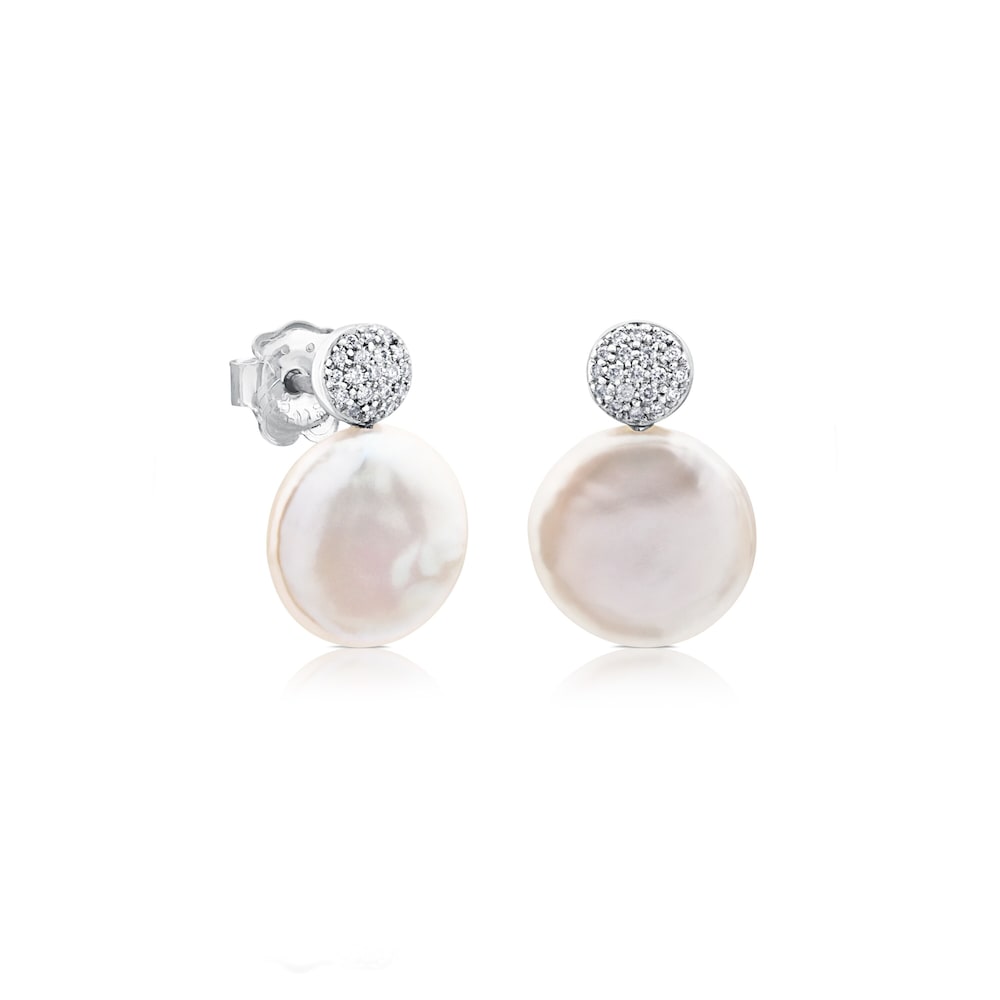 Pendientes de oro blanco con diamantes y perla cultivada Alecia image number 0