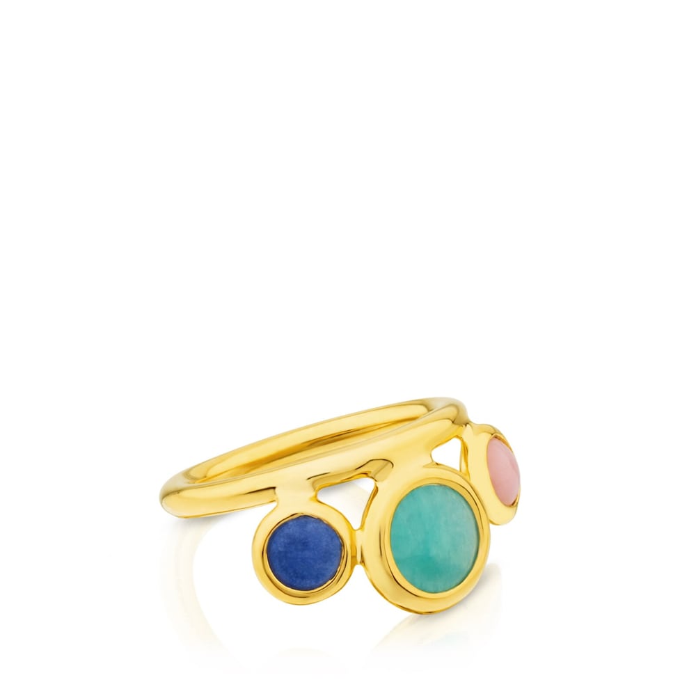 Anillo Alecia con ba&ntilde;o de oro 18 kt sobre plata con Amazonita, &Oacute;palo rosa y Cuarzo con Dumortierita