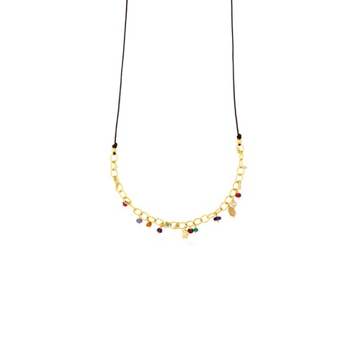 Collar Elise con ba&ntilde;o de oro 18 kt sobre plata, gemas y cord&oacute;n marr&oacute;n image number 0
