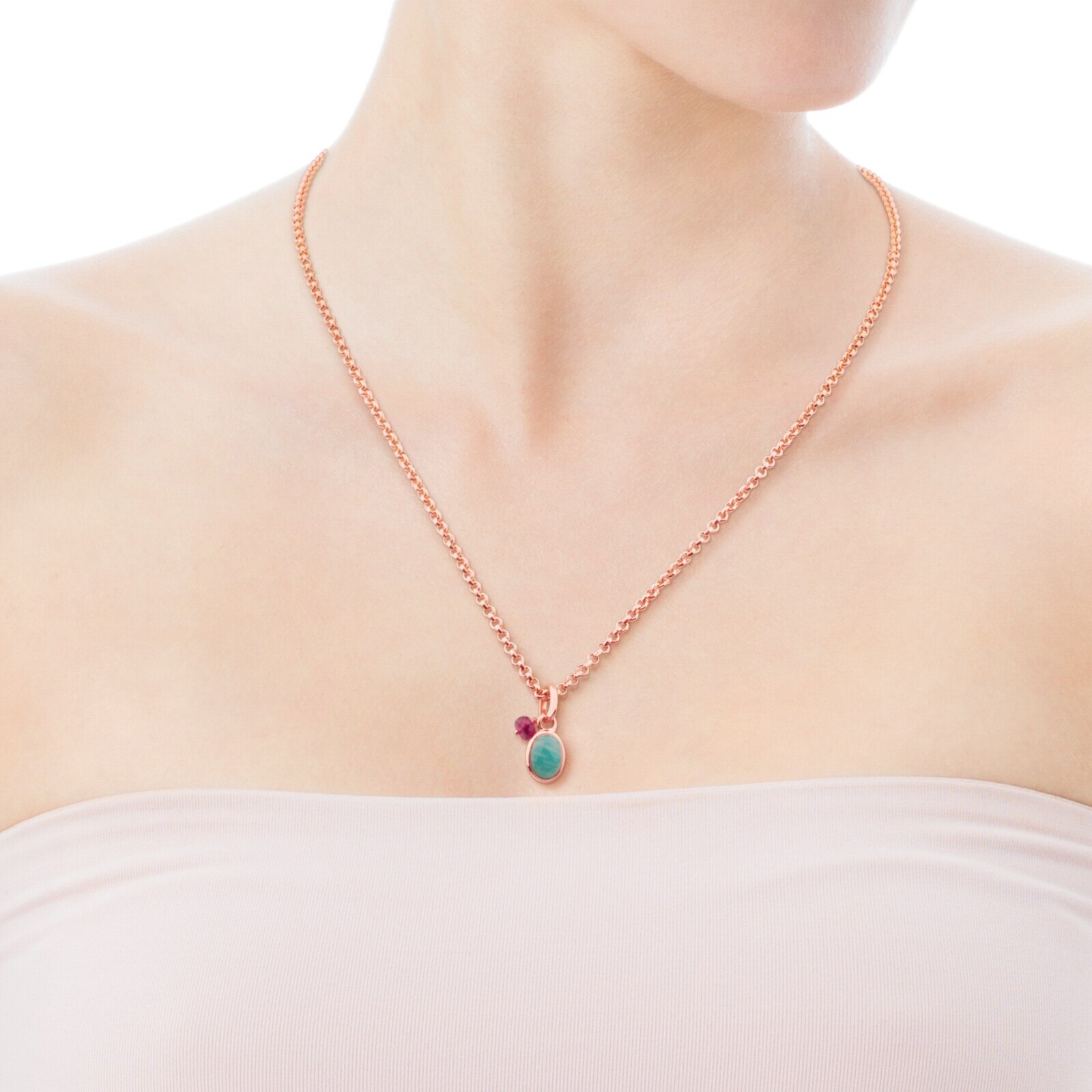 Rose Vermeil Silver Tiny Pendant with Amazonite and Ruby