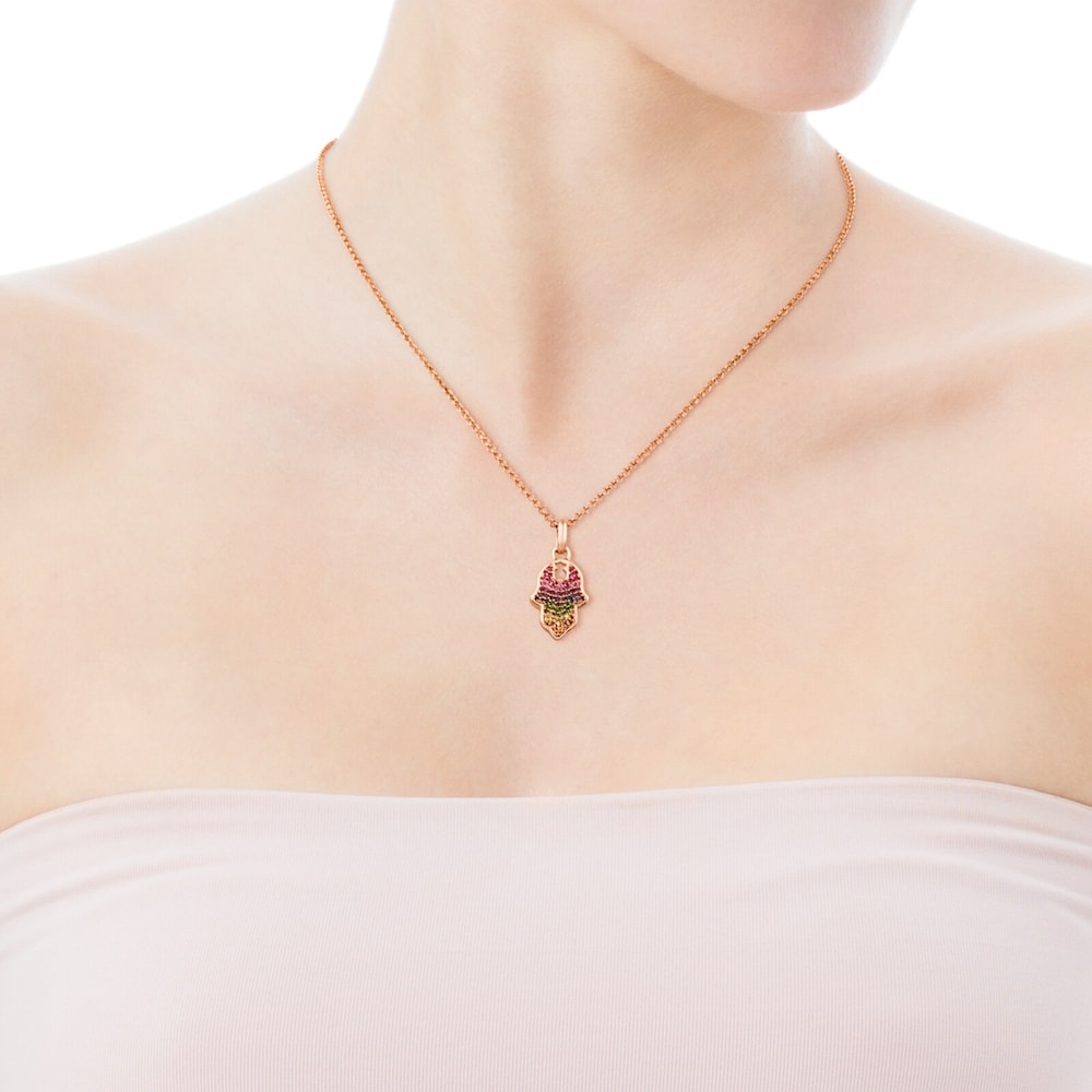 Colgante mano de f&aacute;tima con ba&ntilde;o de oro rosa 18 kt sobre plata y gemas Idol