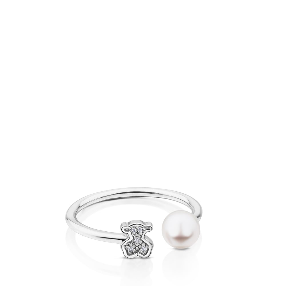 Anillo de oro blanco con diamantes y perla cultivada Puppies image number 1