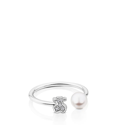 White Gold Puppies Ring with Diamond and Pearl