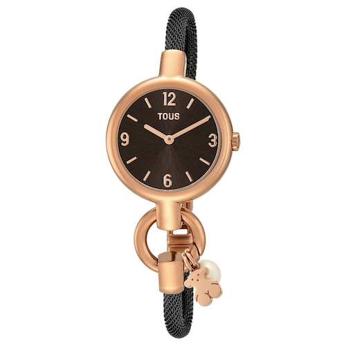 Rose IP Steel Hold Charms Watch with black IP steel strap