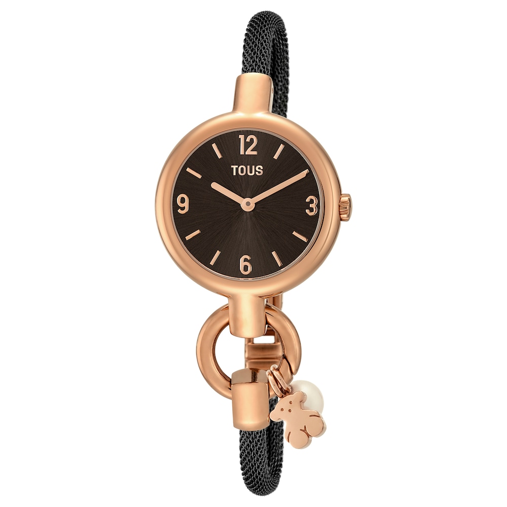Reloj analógico Hold Charms de acero IP rosado con correa de acero IP negra image number 0
